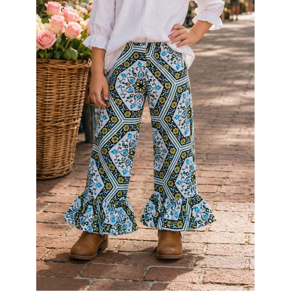 Matilda Jane October Big Ruffles Pants Size 6 Blue Olive Tile Print Boutique